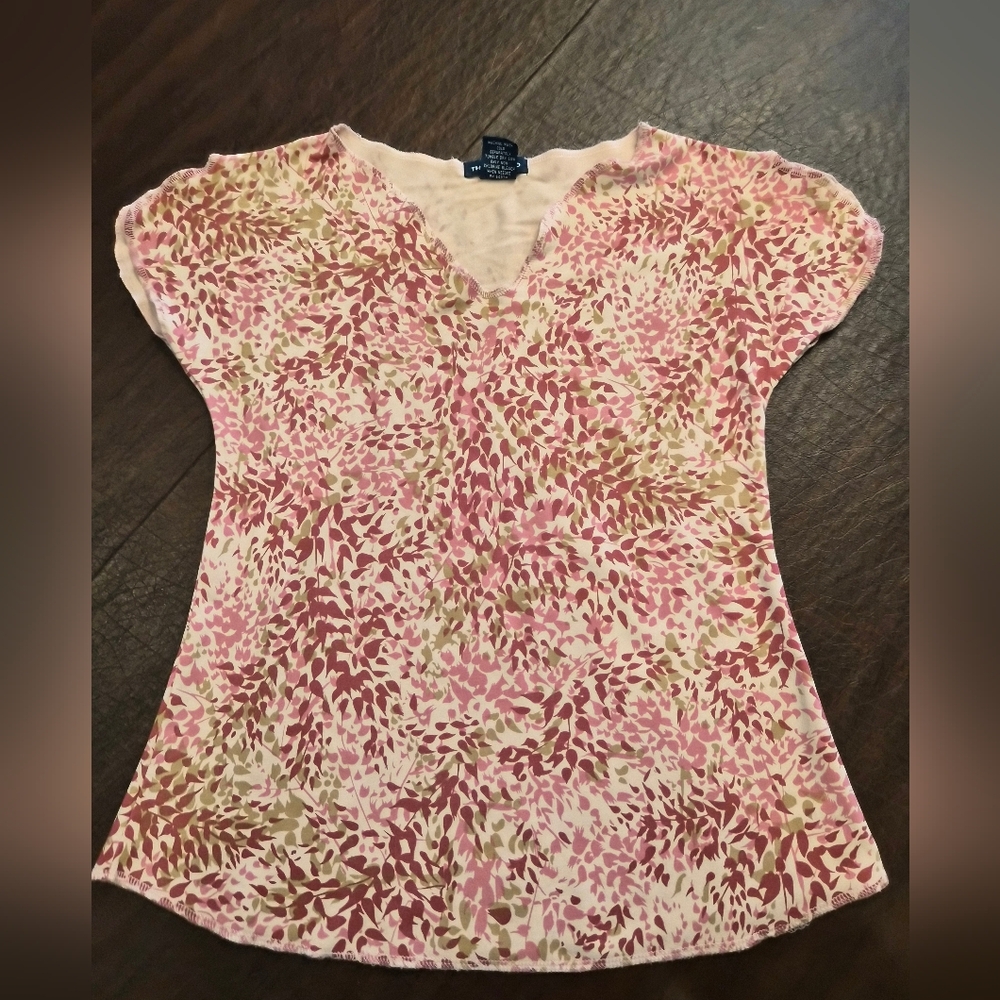 The Limited Short Slit Sleeve Shirt Pink And Green Leaf Print Small 100% Cotton